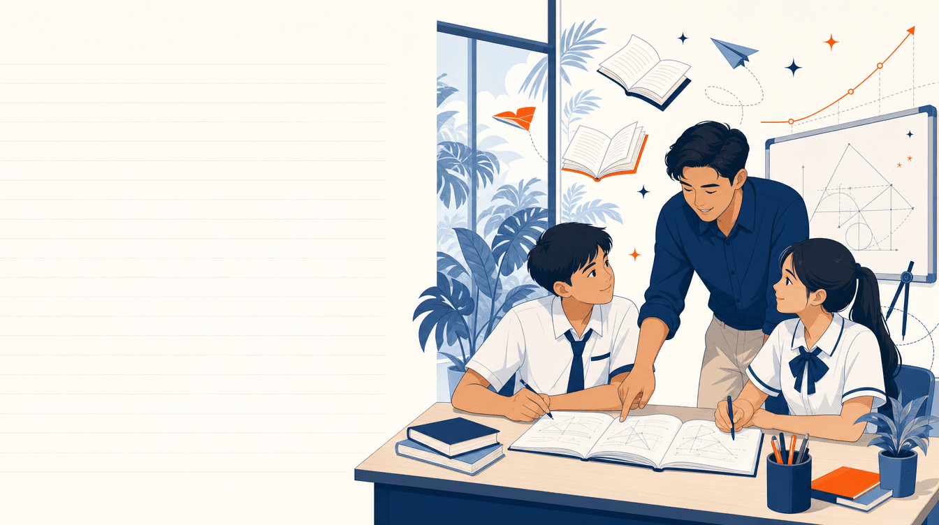 Illustration of a tutor explaining a worked example to two secondary school students.