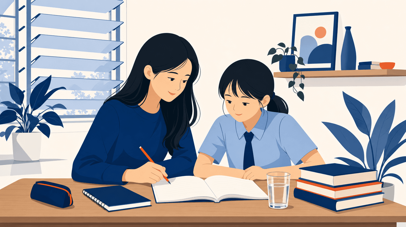Illustration of a tutor working through an exercise book beside a secondary school student at a study table.